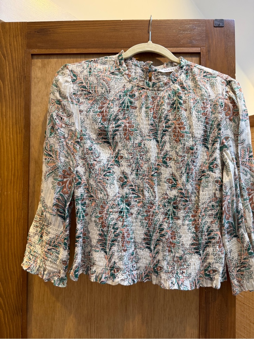 Veronica Beard Smocked Long-Sleeve Top in Cream and Green